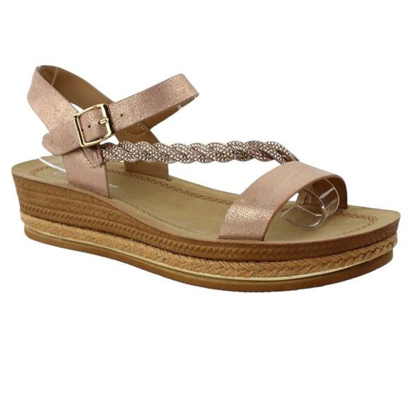 Forever Comfort Strappy Wedge Sandal Gold Sparkle Strap Raffia Wedge Size 10 - Picture 1 of 10